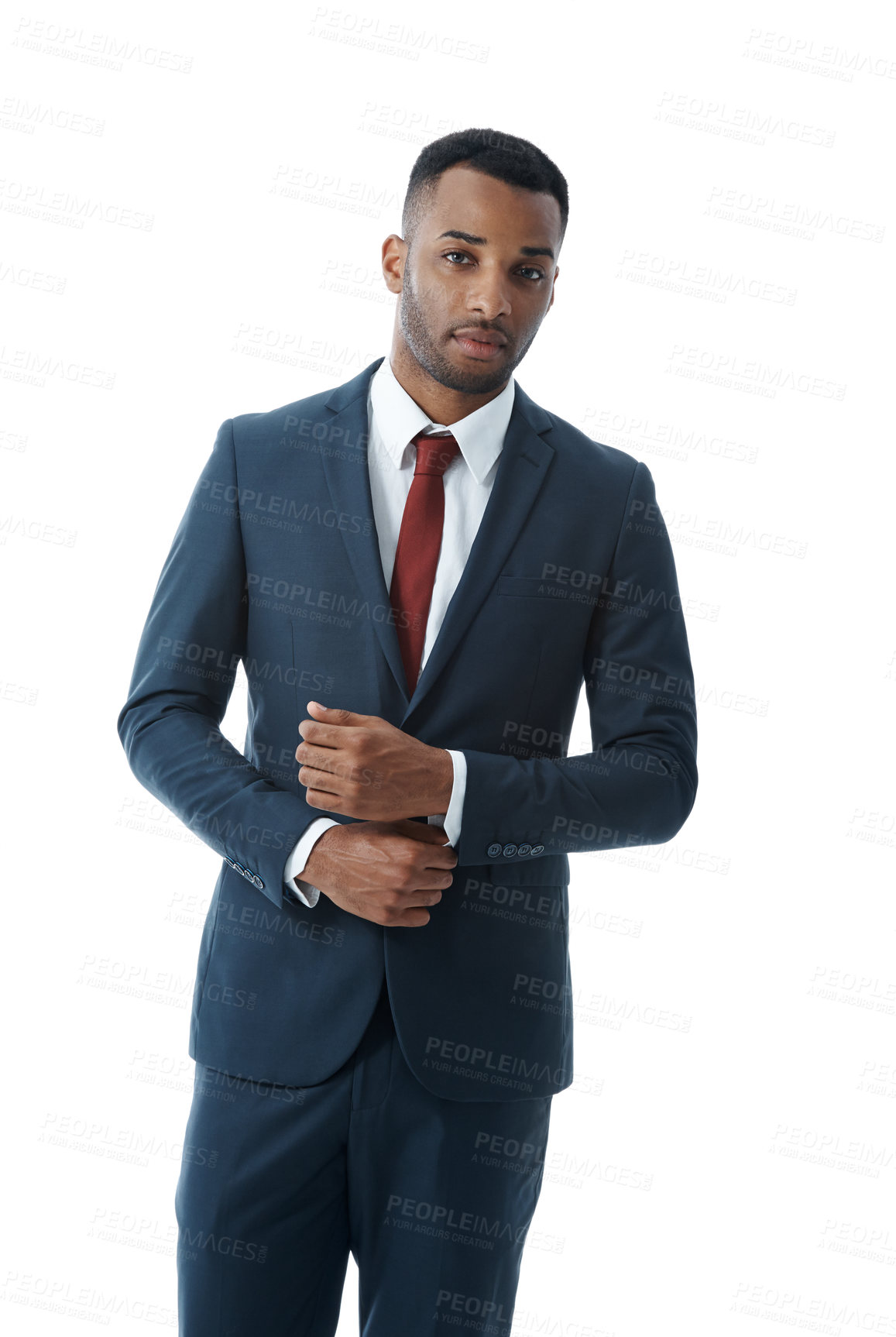 Buy stock photo Business, man and pride in studio with portrait for professional career in corporate law, legal practice and justice. Male lawyer, serious and proud for attorney company with white background.