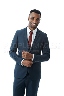 Buy stock photo Business, man and pride on studio backdrop with portrait for professional career in corporate law, legal advice and justice. Male lawyer, happy and proud for attorney company with white background.