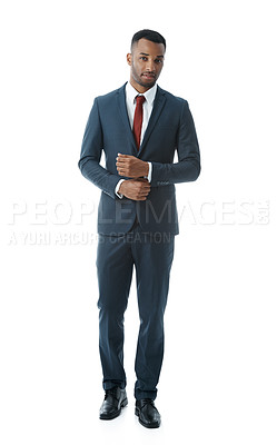 Buy stock photo Confident, business and portrait of black man in studio with ambition, attitude and corporate fashion. Professional, lawyer and person with pride for legal work, career and job on white background