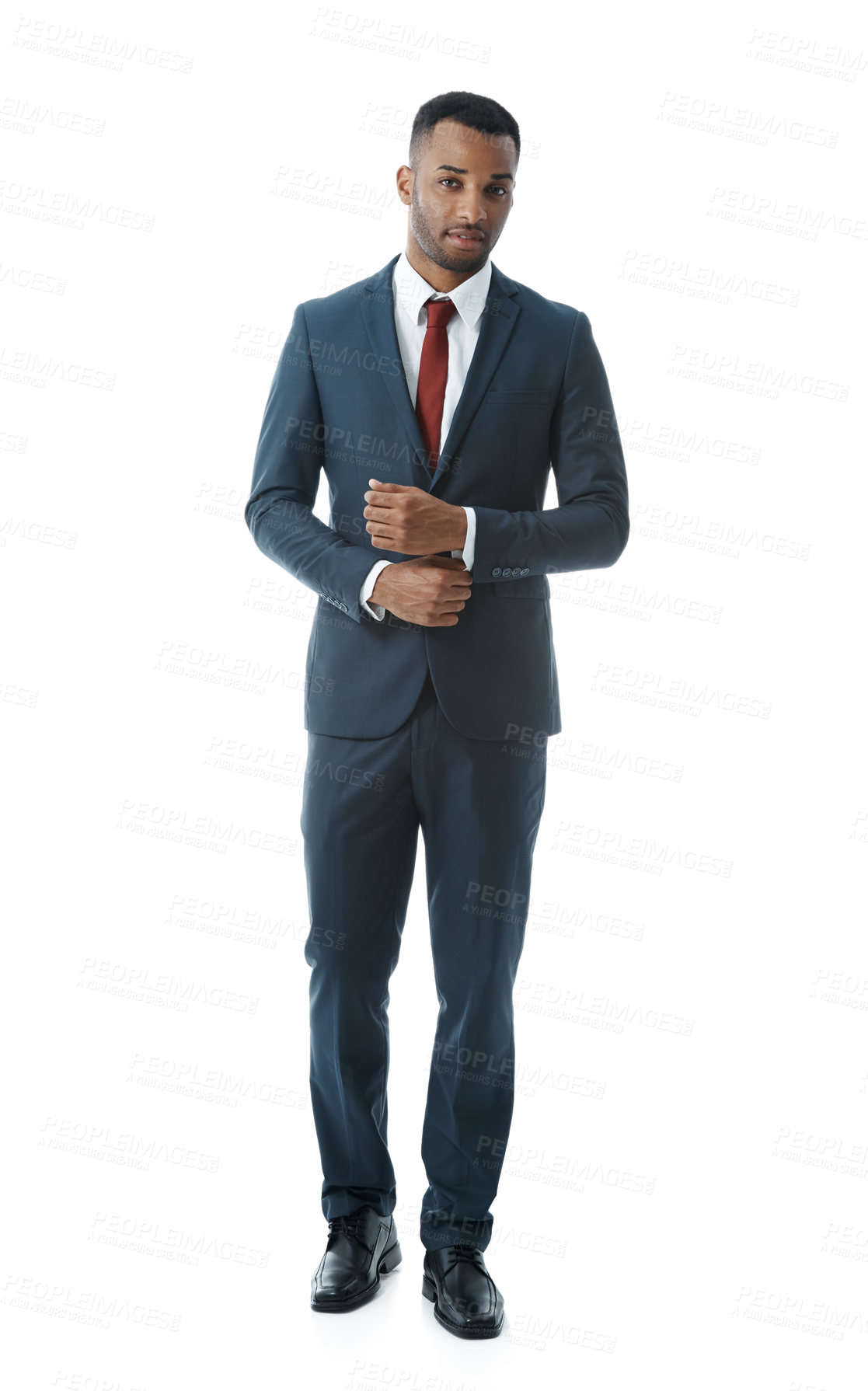 Buy stock photo Confident, business and portrait of black man in studio with ambition, attitude and corporate fashion. Professional, lawyer and person with pride for legal work, career and job on white background