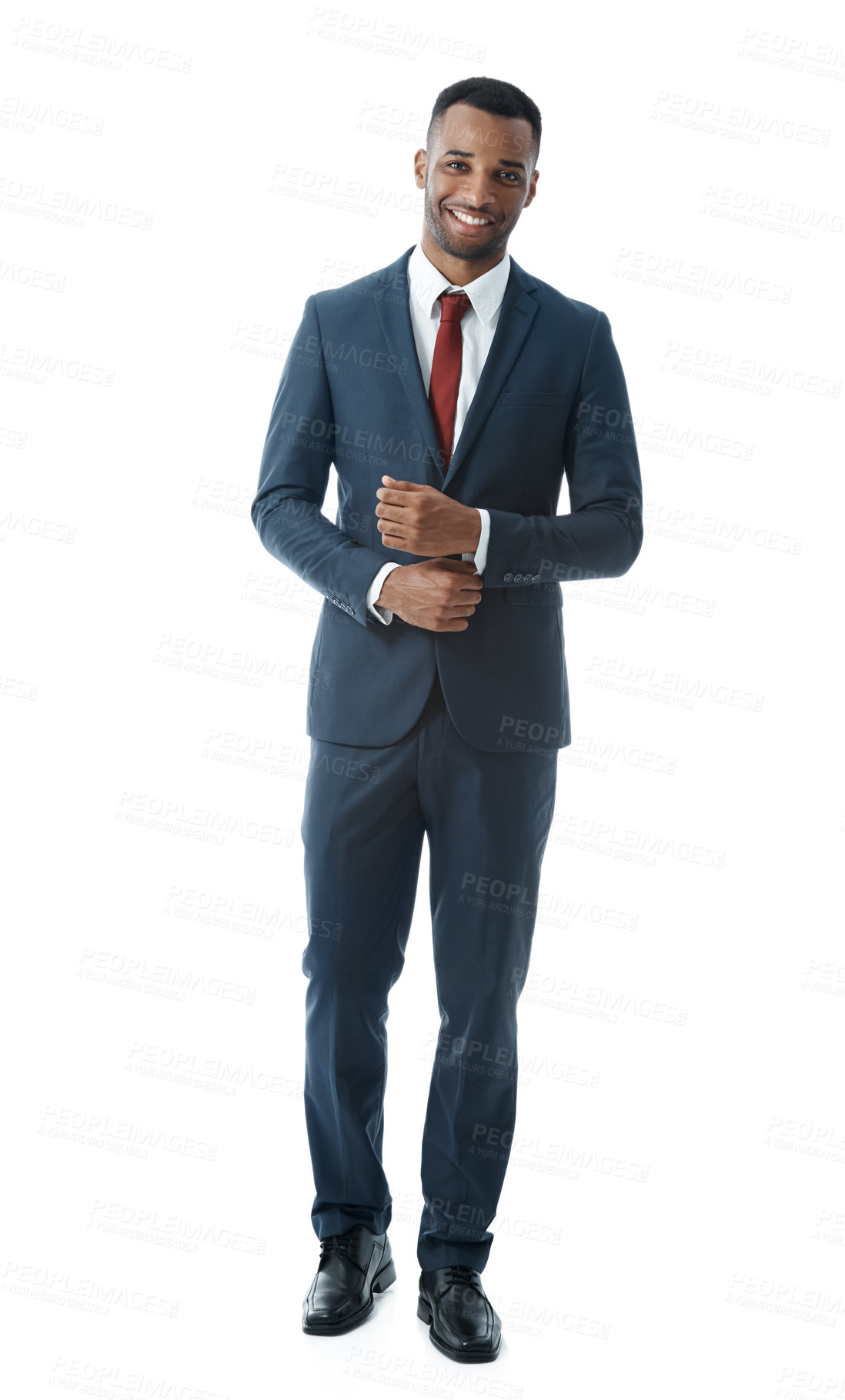 Buy stock photo Portrait, business and black man with smile, fashion and model isolated on white studio background. African person, financial consultant and employee with corporate professional, confidence and pride