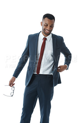 Buy stock photo Thinking, business and black man with fashion, glasses and employee isolated on white studio background. African person, financial consultant or agent with confidence, choice or thoughts with eyewear