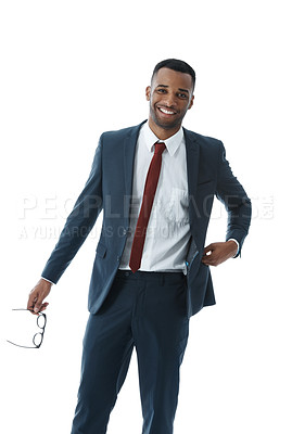 Buy stock photo Black businessman, portrait or smile in studio for fashion or confidence in investment banking career. Glasses, happy financier or African banker in corporate company on white background for style