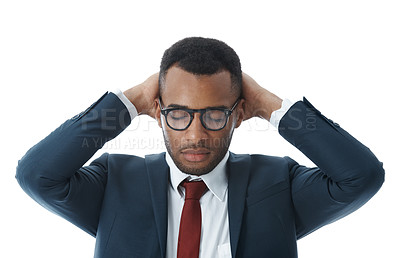 Buy stock photo Business man, stress and fear in studio for risk, debt and investment fail or mistake on white background. Trader, anxiety and sad for bankruptcy, news and financial crisis as phishing scam disaster