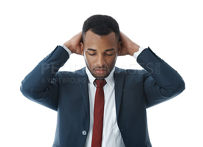 Buy stock photo Business man, headache and fear in studio for risk, debt and investment fail or mistake on white background. Trader, sad and stress for bankruptcy, news and financial crisis as phishing scam disaster