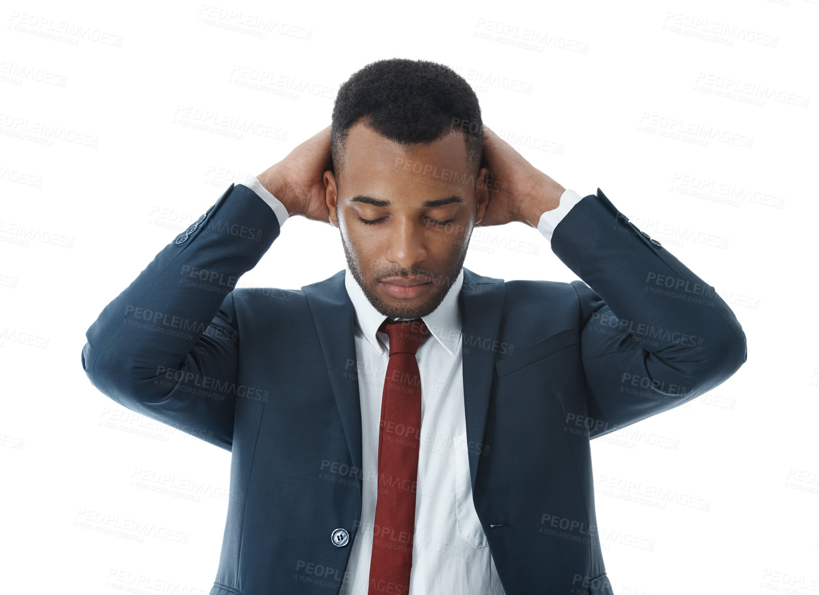 Buy stock photo Business man, headache and fear in studio for risk, debt and investment fail or mistake on white background. Trader, sad and stress for bankruptcy, news and financial crisis as phishing scam disaster