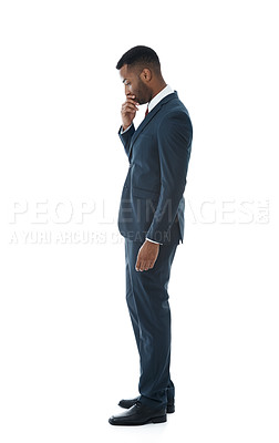 Buy stock photo A serious young businessman looking down while thinking - Isolated on white