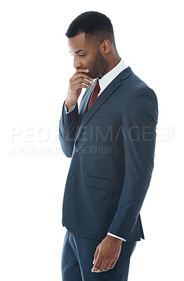 Buy stock photo Black man, thinking and stress in studio for business career, startup fail and company debt. Financial advisor, thoughts and scared for crisis, investing mistake and bankruptcy by white background