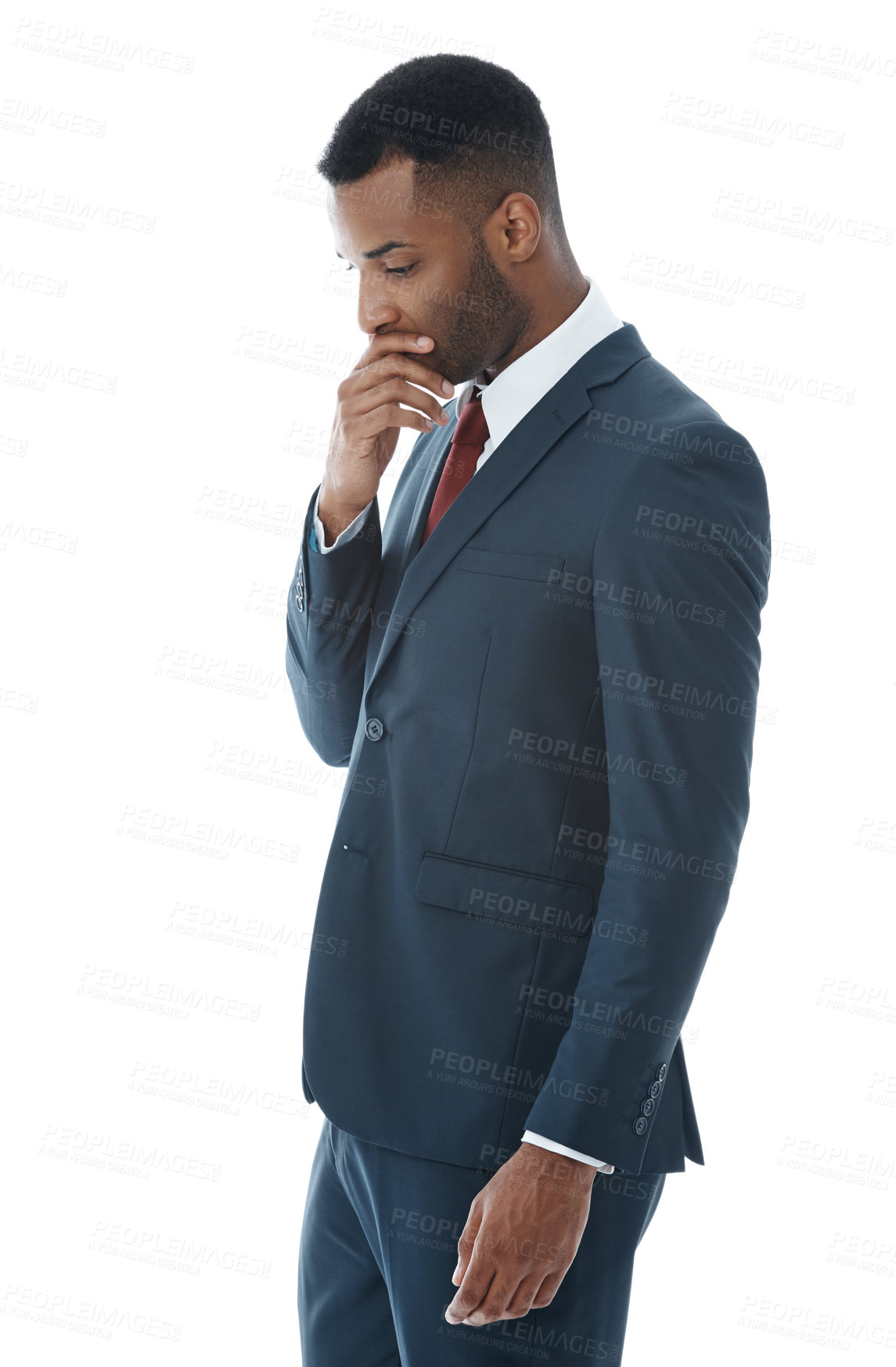 Buy stock photo Black man, thinking and stress in studio for business career, startup fail and company debt. Financial advisor, thoughts and scared for crisis, investing mistake and bankruptcy by white background