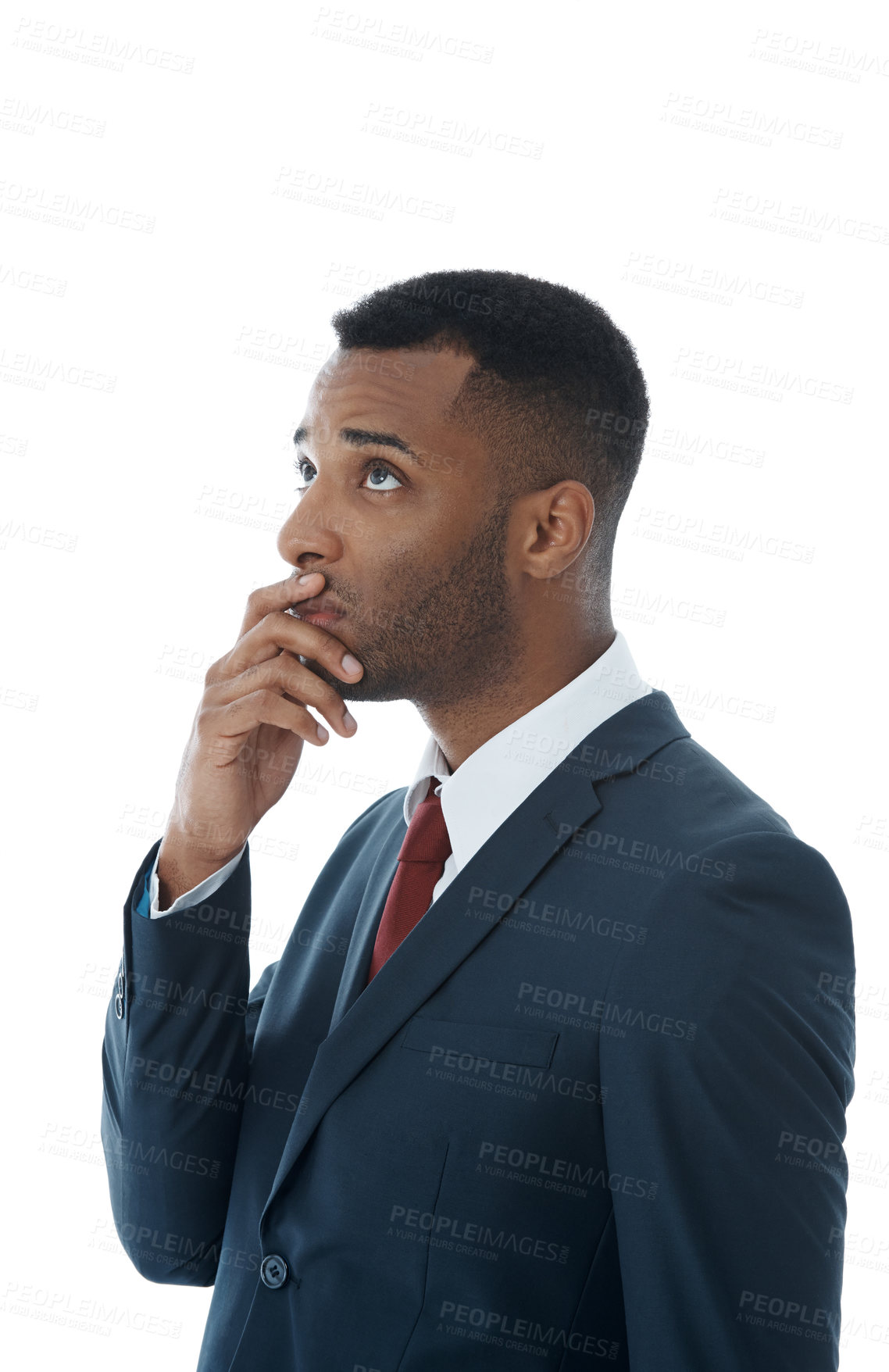 Buy stock photo Businessman, thinking and stress or worry in studio for tax compliance, choice and bankruptcy. Financial advisor, thoughts and scared for decision, investing fail and company debt by white background