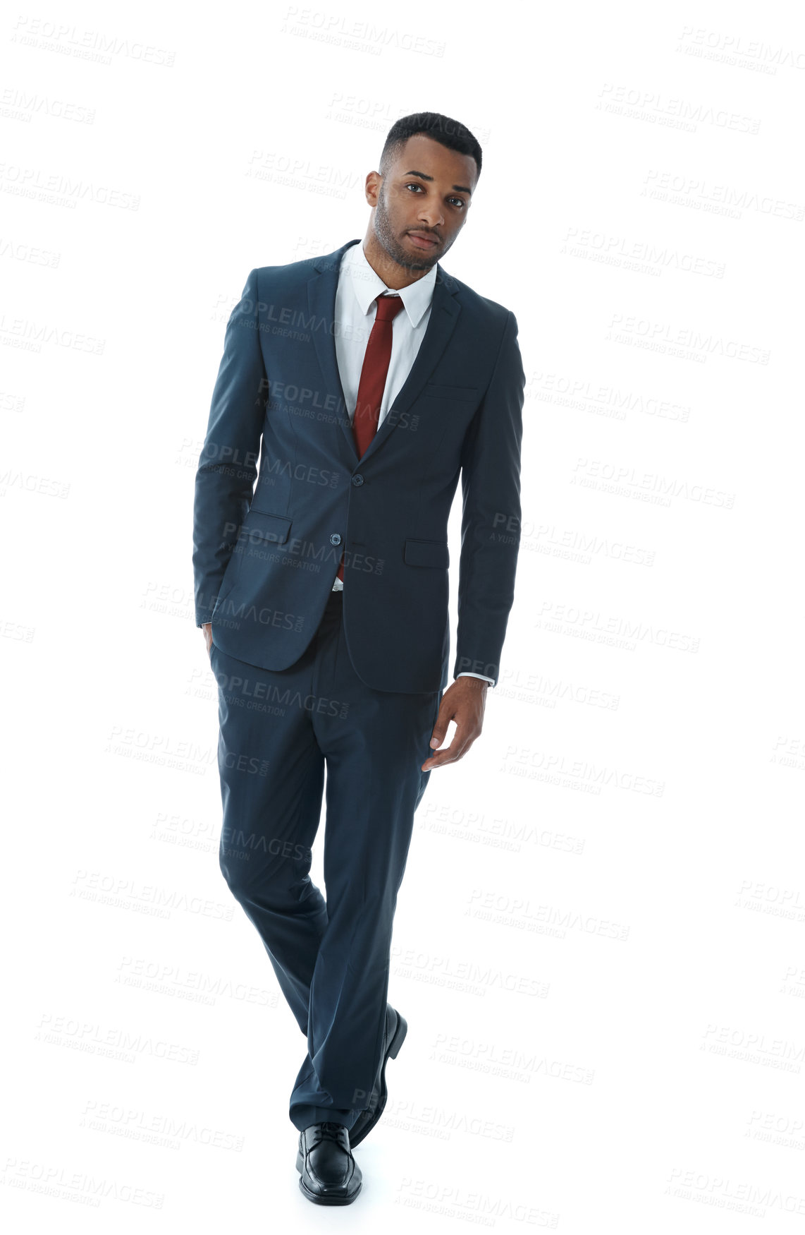 Buy stock photo Portrait, business and black man with fashion, confidence and model isolated on white studio background. African person, suit and economy analyst with career ambition, pride and risk consultant