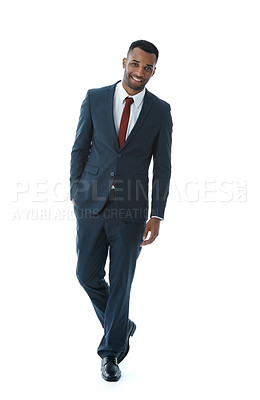 Buy stock photo A handsome young african american businessman walking while isolated on white