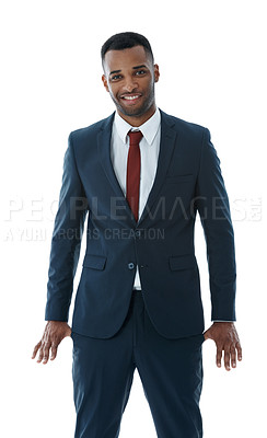 Buy stock photo Portrait, business attorney and black man with funky pose in studio on white background. Professional lawyer, face and confident employee, legal advocate and African advisor in law firm for career