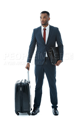 Buy stock photo Studio, business man and suitcase for travel with corporate trip, entrepreneur and immigration flight. Attorney, luggage and ready for airport journey, professional and commute by white background