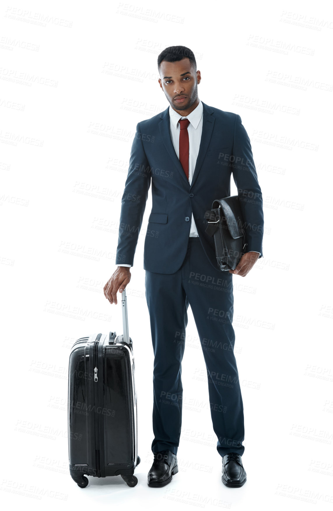 Buy stock photo Portrait, business man and suitcase for travel with work trip, professional and flight in studio. Attorney, luggage and airport journey to foreign city, commute and immigration by white background