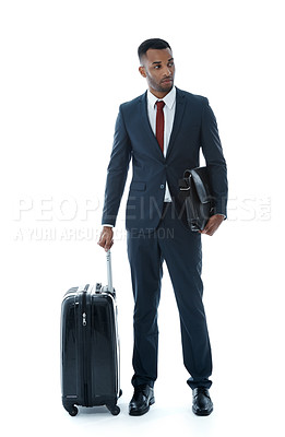 Buy stock photo Business, man and thinking in studio with luggage for corporate travel to airport, professional journey and ready for departure. Project manager, white background and trip for stakeholder conference.