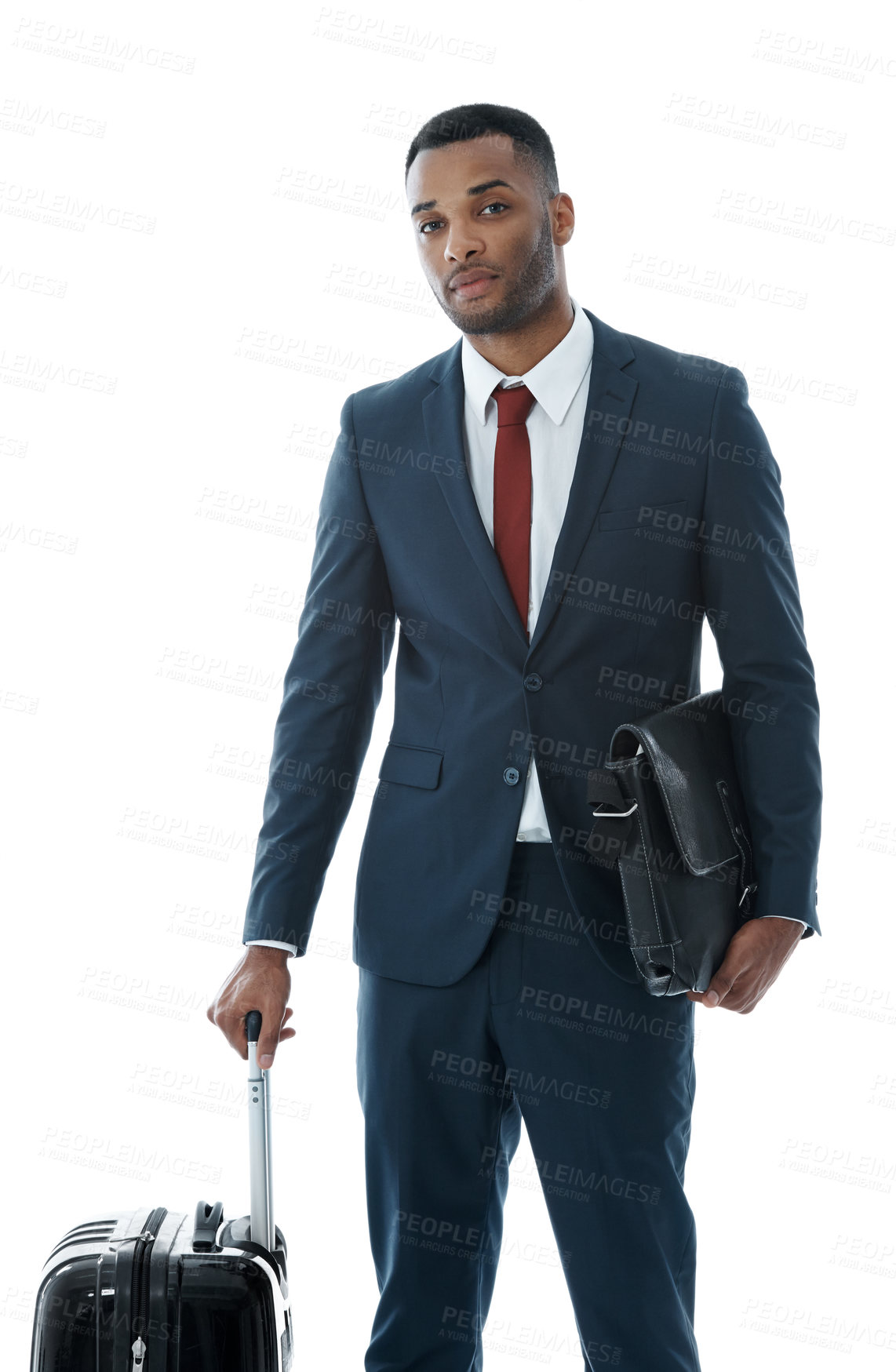 Buy stock photo Business man, suitcase and studio portrait with luggage, travel and ready with suit by white background. African person, employee and leather bag for international trip, journey and global conference