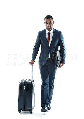 Buy stock photo Business man, luggage and studio portrait with suitcase, travel or walk with suit by white background. African person, employee and leather bag by mockup space, journey or ready for global conference