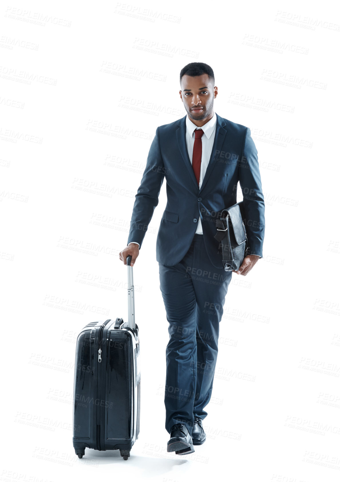 Buy stock photo Business man, luggage and studio portrait with suitcase, travel or walk with suit by white background. African person, employee and leather bag by mockup space, journey or ready for global conference