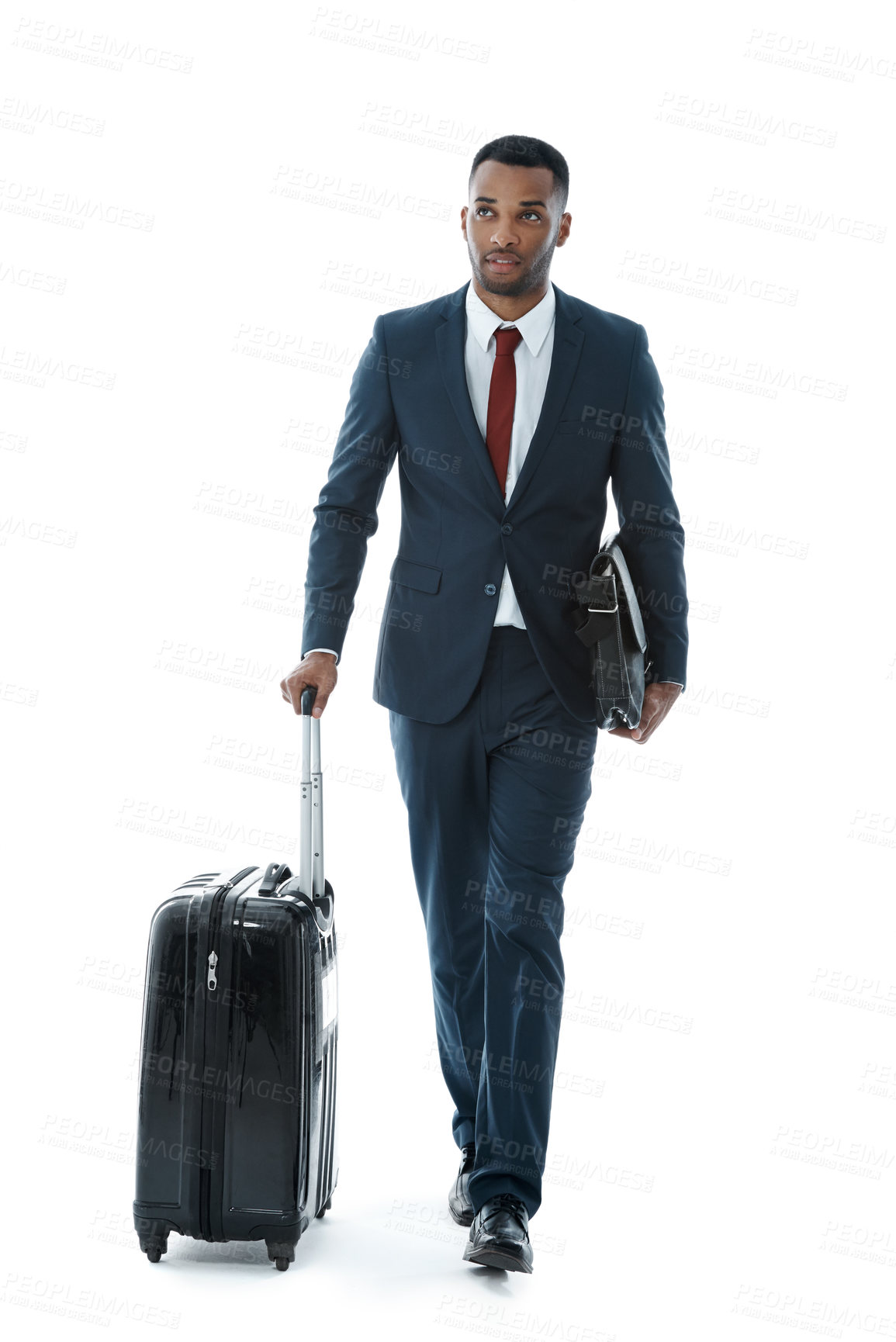 Buy stock photo Business man, luggage and studio for walk, travel and bag with thinking for career by white background. African person, employee and suitcase with direction, journey and ready for global conference