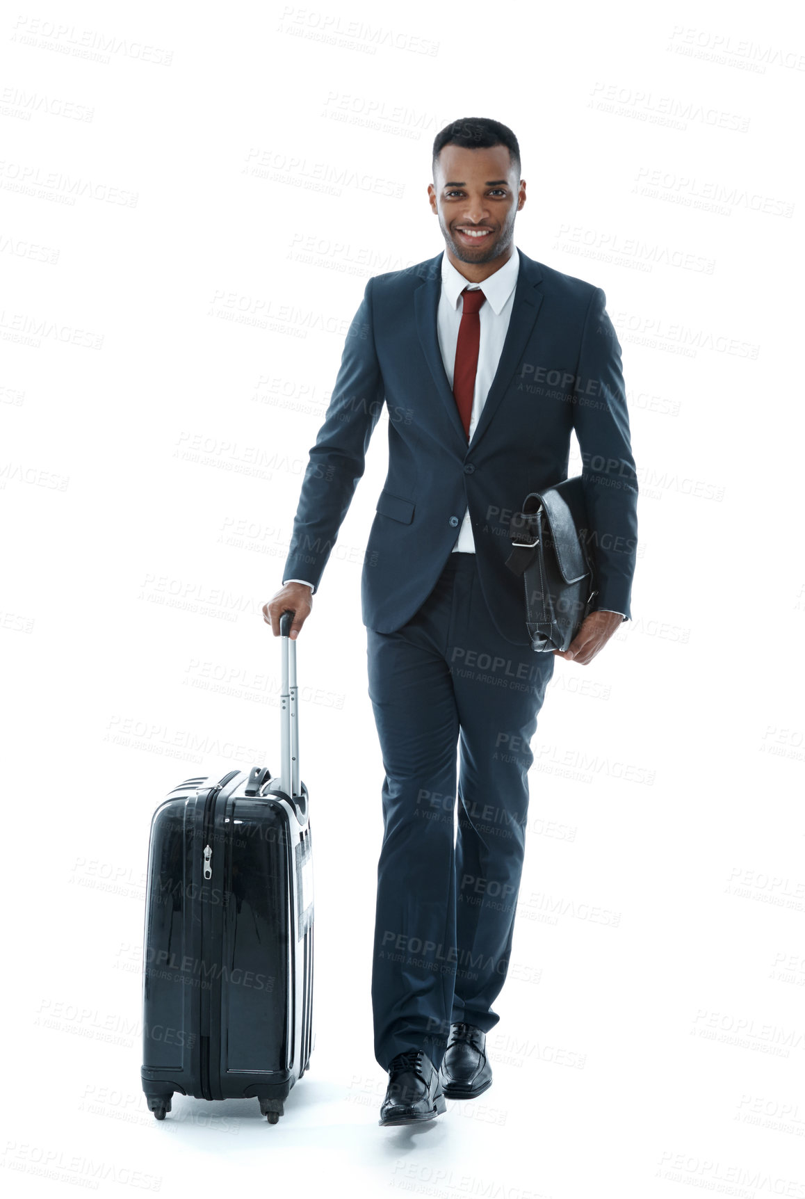 Buy stock photo Business man, luggage and happy in studio, travel and walk with suit in portrait by white background. African person, employee and suitcase with mock up space, journey and ready for global conference