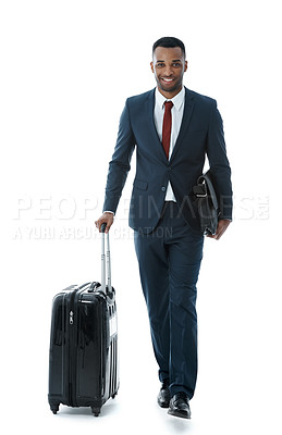 Buy stock photo Business man, suitcase and happy in studio, travel or walking with confidence in portrait by white background. African person, employee and luggage with smile, journey and ready for global conference