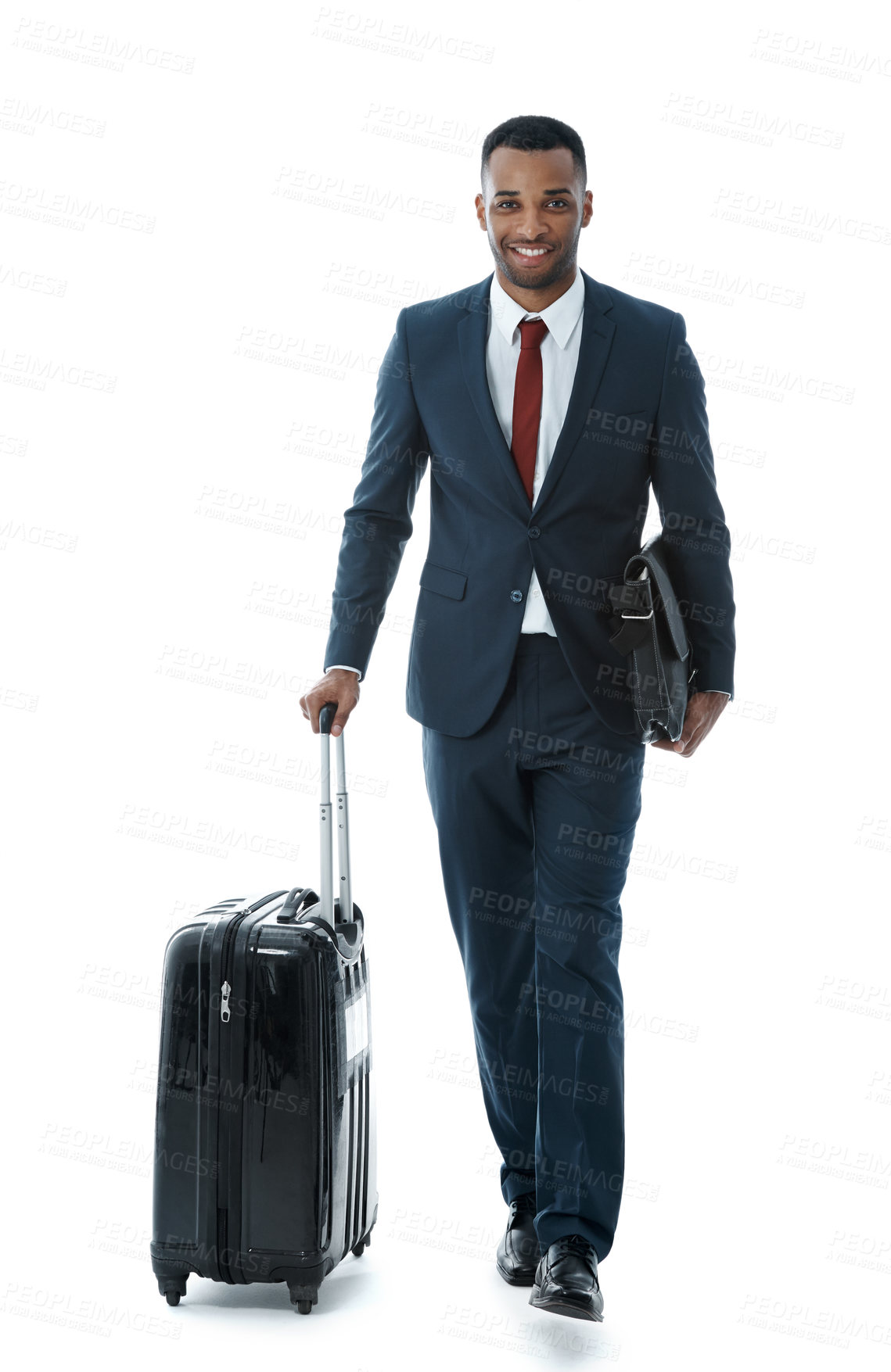 Buy stock photo Business man, suitcase and happy in studio, travel or walking with confidence in portrait by white background. African person, employee and luggage with smile, journey and ready for global conference