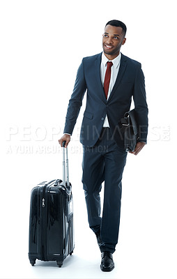 Buy stock photo Business man, suitcase and smile in studio, travel or walk with thinking for perspective by white background. African person, employee and luggage with smile, journey and ready for global conference