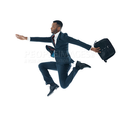 Buy stock photo Business, jumping and black man with energy, bag and success isolated on white studio background. African person, happy employee and financial consultant with promotion, achievement and celebration