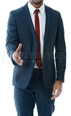 Buy stock photo Cropped view of a young african american businessman offering forward a handshake