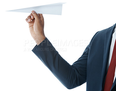 Buy stock photo Hand, business and person with paper plane, closeup and model isolated on white studio background. Employee, corporate professional or risk analyst with origami, stock market and inflation or growth