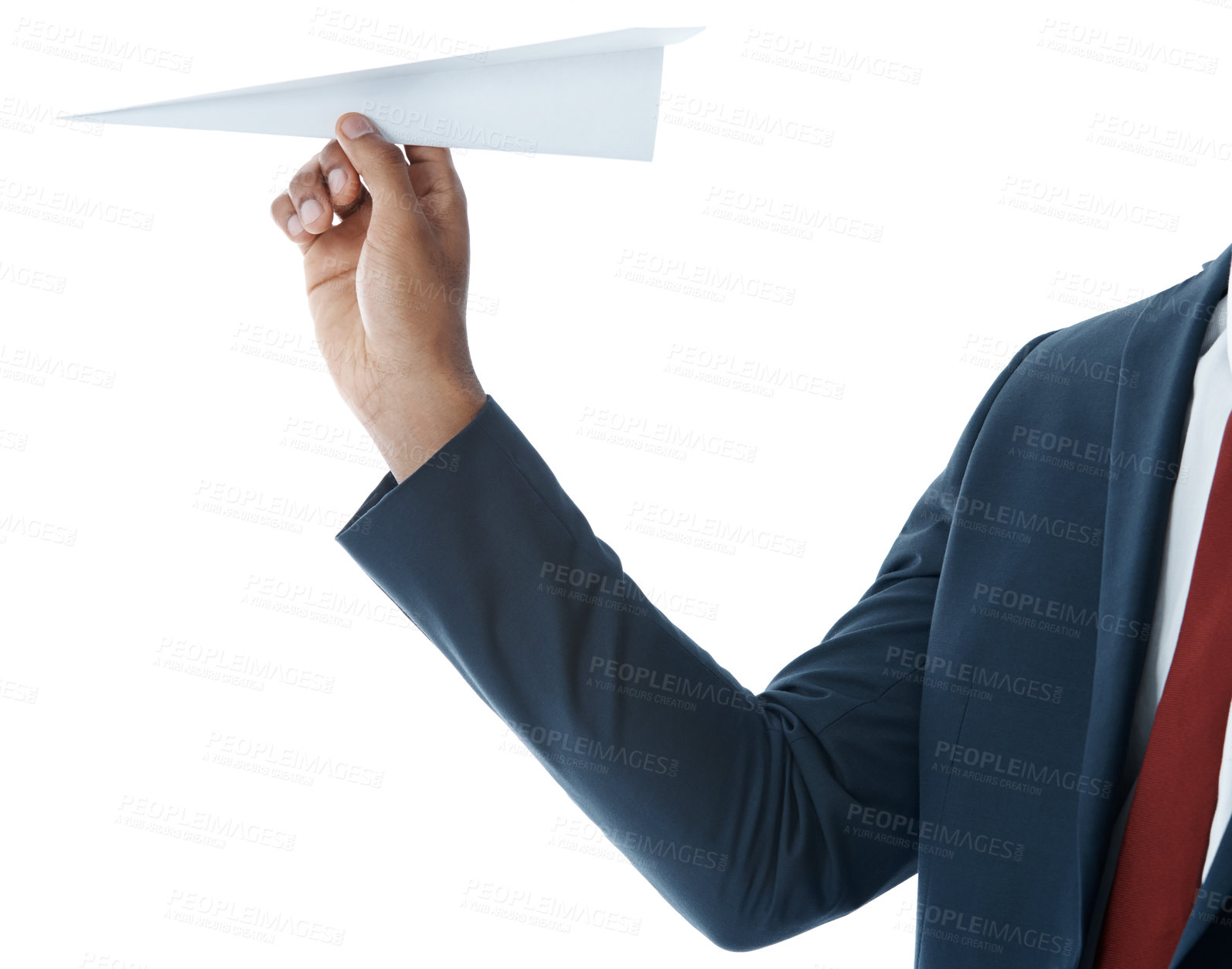 Buy stock photo Hand, business and person with paper plane, closeup and model isolated on white studio background. Employee, corporate professional or risk analyst with origami, stock market and inflation or growth