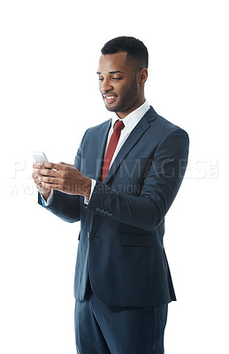 Buy stock photo Business man, phone and reading in studio, texting or smile for notification by white background. Person, employee and smartphone for email, reminder or contact for deal on mobile app for networking