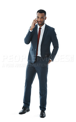 Buy stock photo Phone call, business attorney and black man with discussion in studio on white background. Professional lawyer, mobile and male employee, legal advocate and African advisor in law firm for career