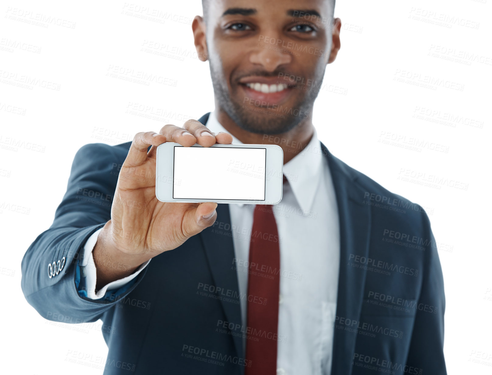 Buy stock photo Happy businessman, portrait and phone with screen for advertising, marketing or app on a white studio background. Man or employee with mobile smartphone display for showcase, UI or UX on mockup space