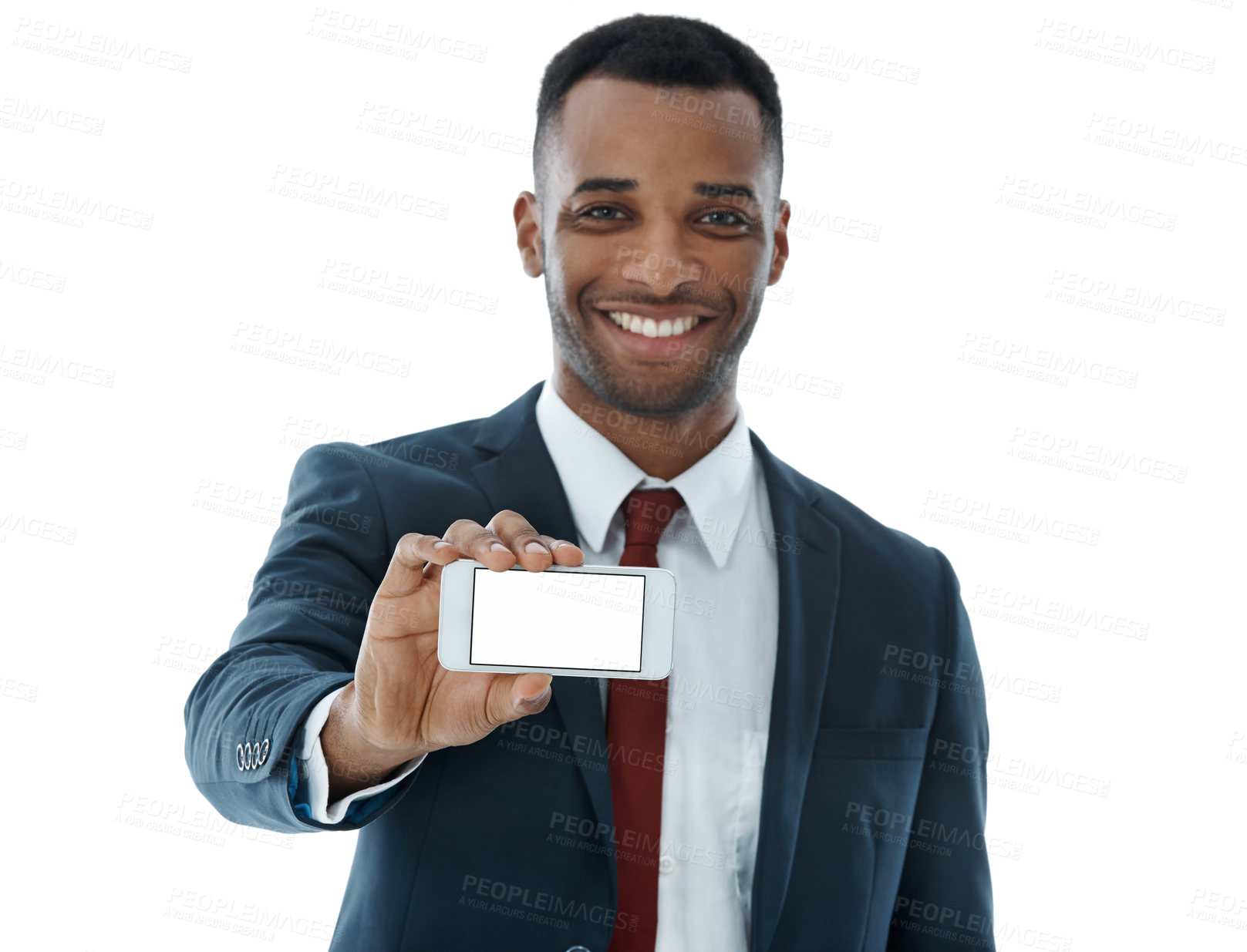 Buy stock photo Happy businessman, portrait and marketing with phone screen for advertising or app on a white studio background. Man or employee with mobile smartphone display for showcase, UI or UX on mockup space