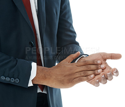 Buy stock photo Cropped view of a businessman applauding while isolated on white