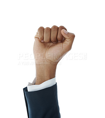 Buy stock photo Cropped view of a businessman's fist lifted while isolated on white