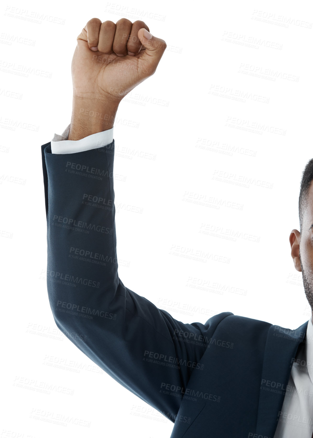 Buy stock photo Business, hand and man with fist in air, employee and model isolated on white studio background. Closeup, corporate professional or financial consultant with gesture, success or protest for hr policy