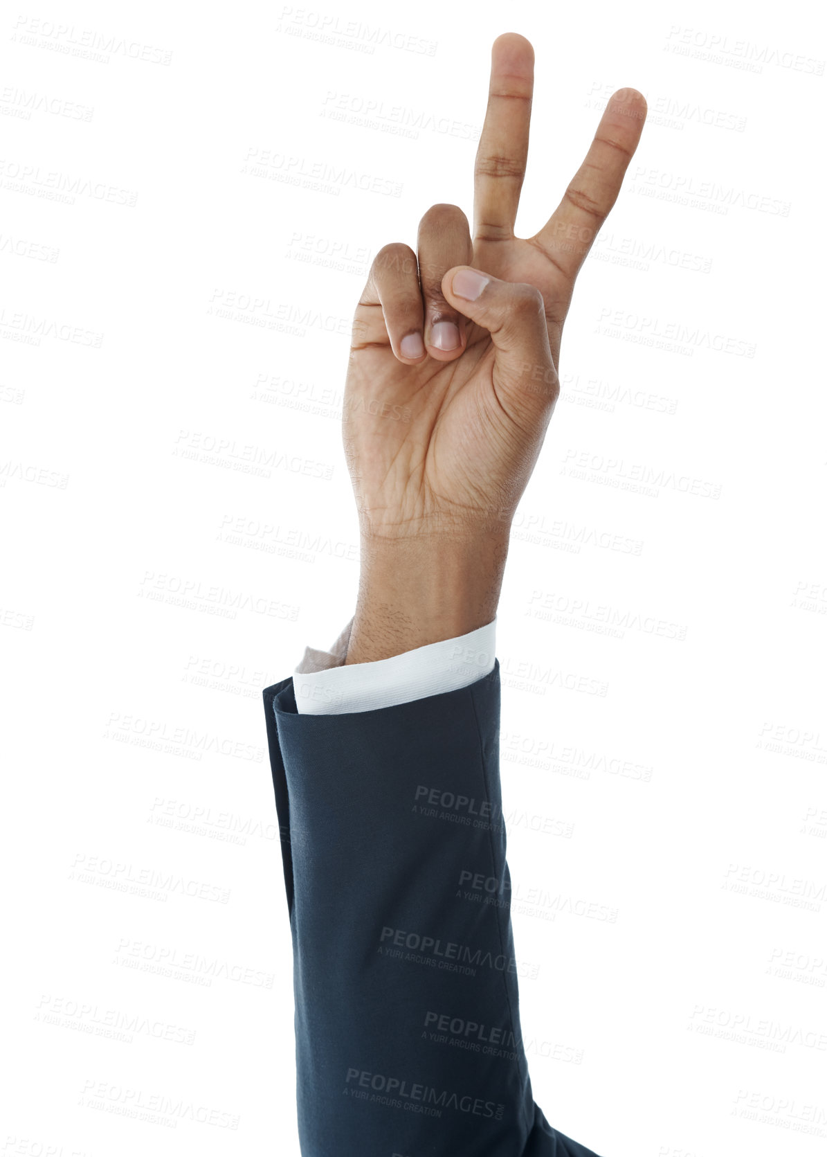 Buy stock photo Corporate, hand and employee with peace sign for success, win or business isolated on white background. Emoji, suit and person or worker with gesture for career goal, target or support with review