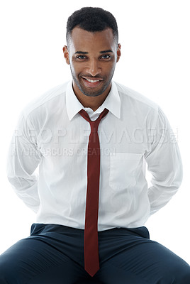 Buy stock photo Happy, businessman and portrait with fashion in relax for business scheme or plan on a white studio background. Young man or employee with smile or motive for business ambition in formal clothing