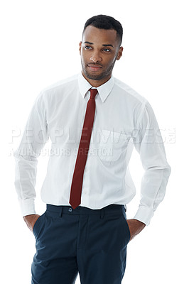 Buy stock photo Thinking, business and black man with fashion, choice and employee isolated on white studio background. African person, financial consultant and agent with confidence, questions or thoughts with idea