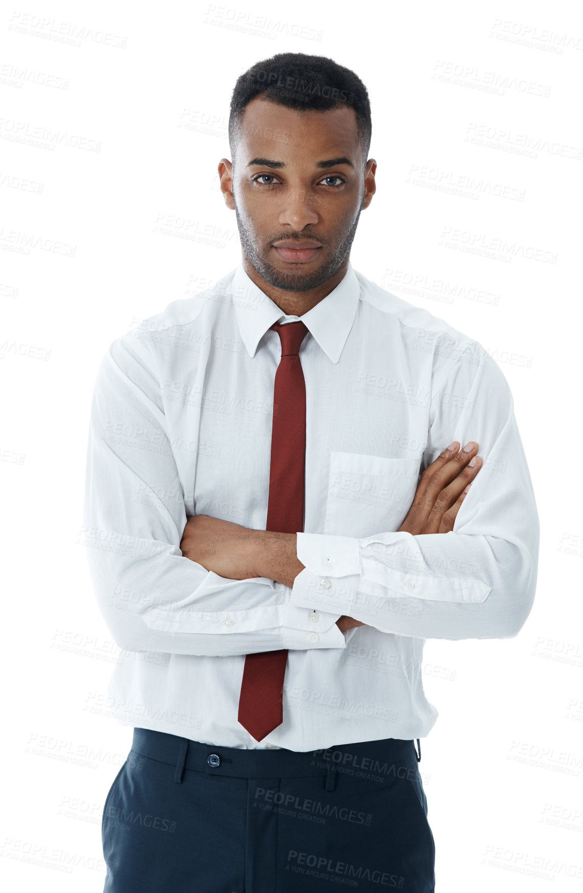 Buy stock photo Confident, crossed arms and portrait of business black man in studio with attitude, serious and ambition. Professional, corporate and lawyer with pride for career, work and job on white background