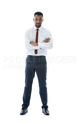 Buy stock photo Crossed arms, lawyer and portrait of businessman in studio with confident attitude. Professional, corporate attorney and African person with pride for legal career, work and job on white background