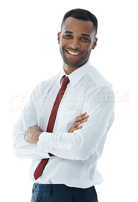 Buy stock photo A handsome smiling businessman with his arms folded while isolated on white
