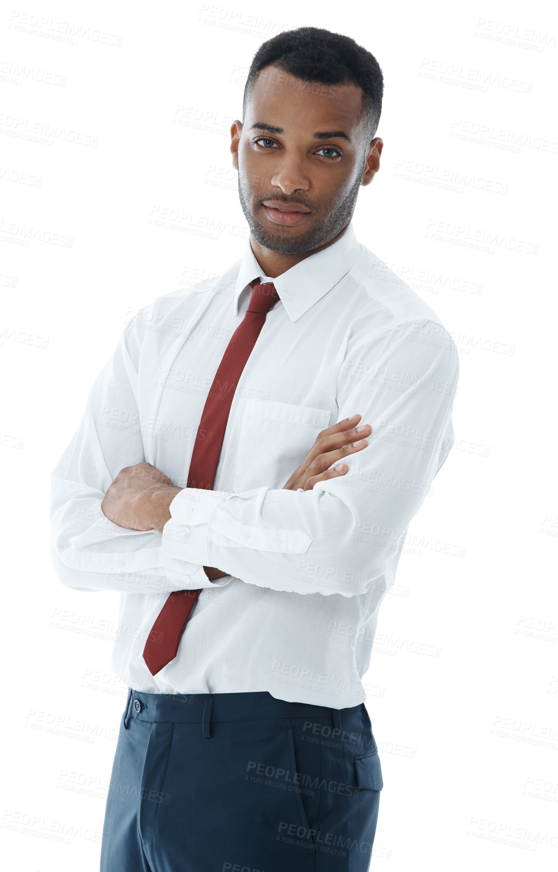 Buy stock photo Crossed arms, lawyer and portrait of business black man in studio with attitude, serious and pride. Professional, corporate and confident person for law career, work and job on white background