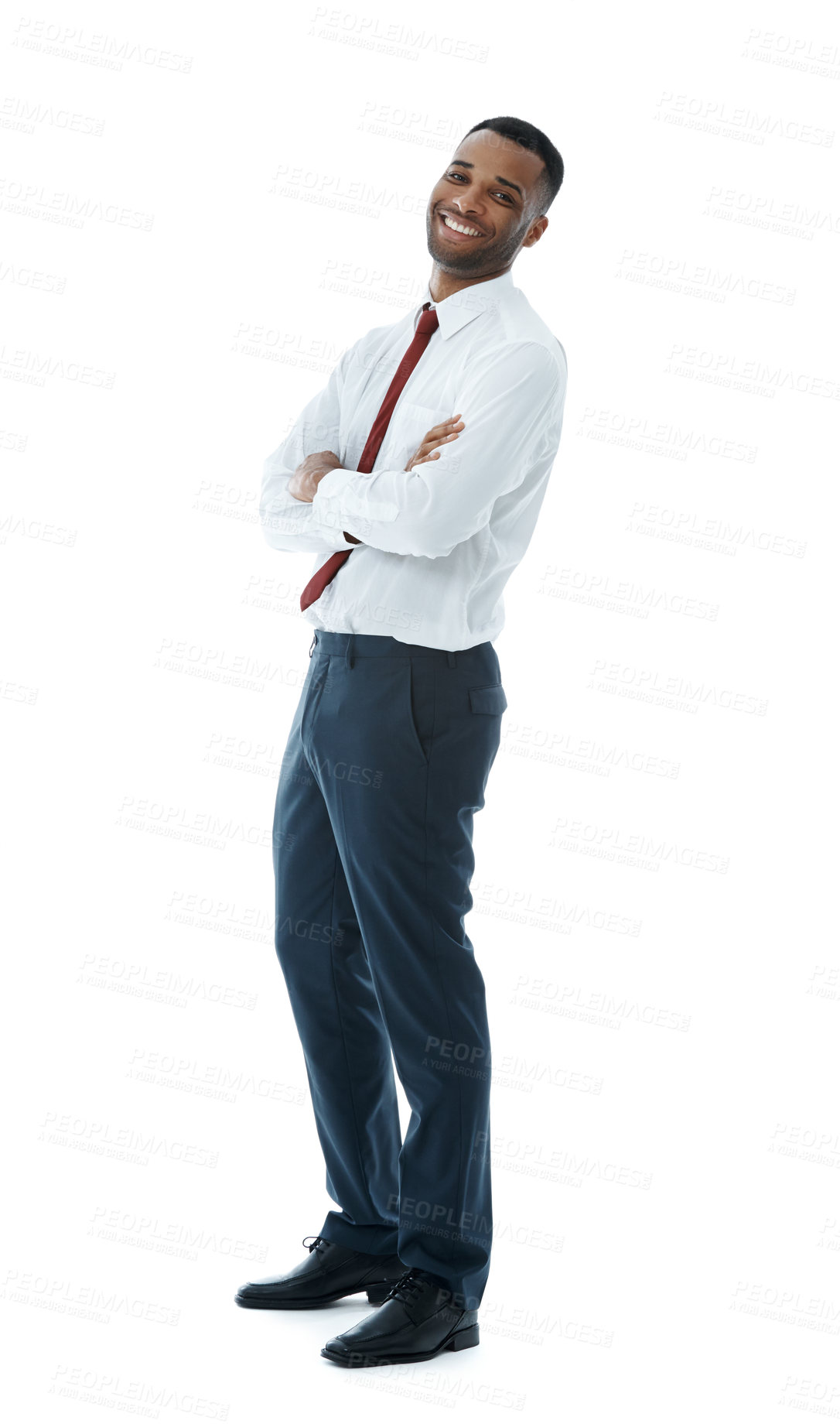 Buy stock photo Man, lawyer and happy with arms crossed in studio portrait, confidence and career by white background. African attorney, advocate and legal consultant with pride, smile and job at corporate law firm