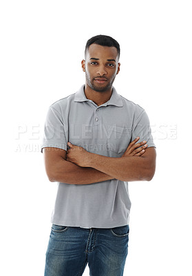 Buy stock photo Portrait, creative business and black man with arms crossed in studio isolated on white background. Confidence, casual clothes and worker with pride for career or job of fashion designer in Kenya