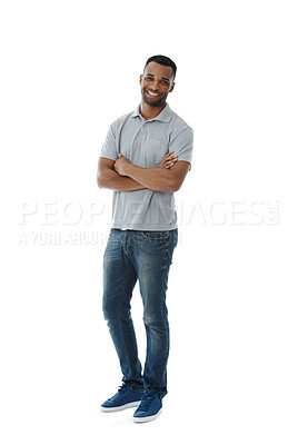 Buy stock photo Portrait, creative and happy black man with confidence isolated on white studio background space. Casual, fashion and worker with arms crossed for career pride, business or job of writer in Nigeria