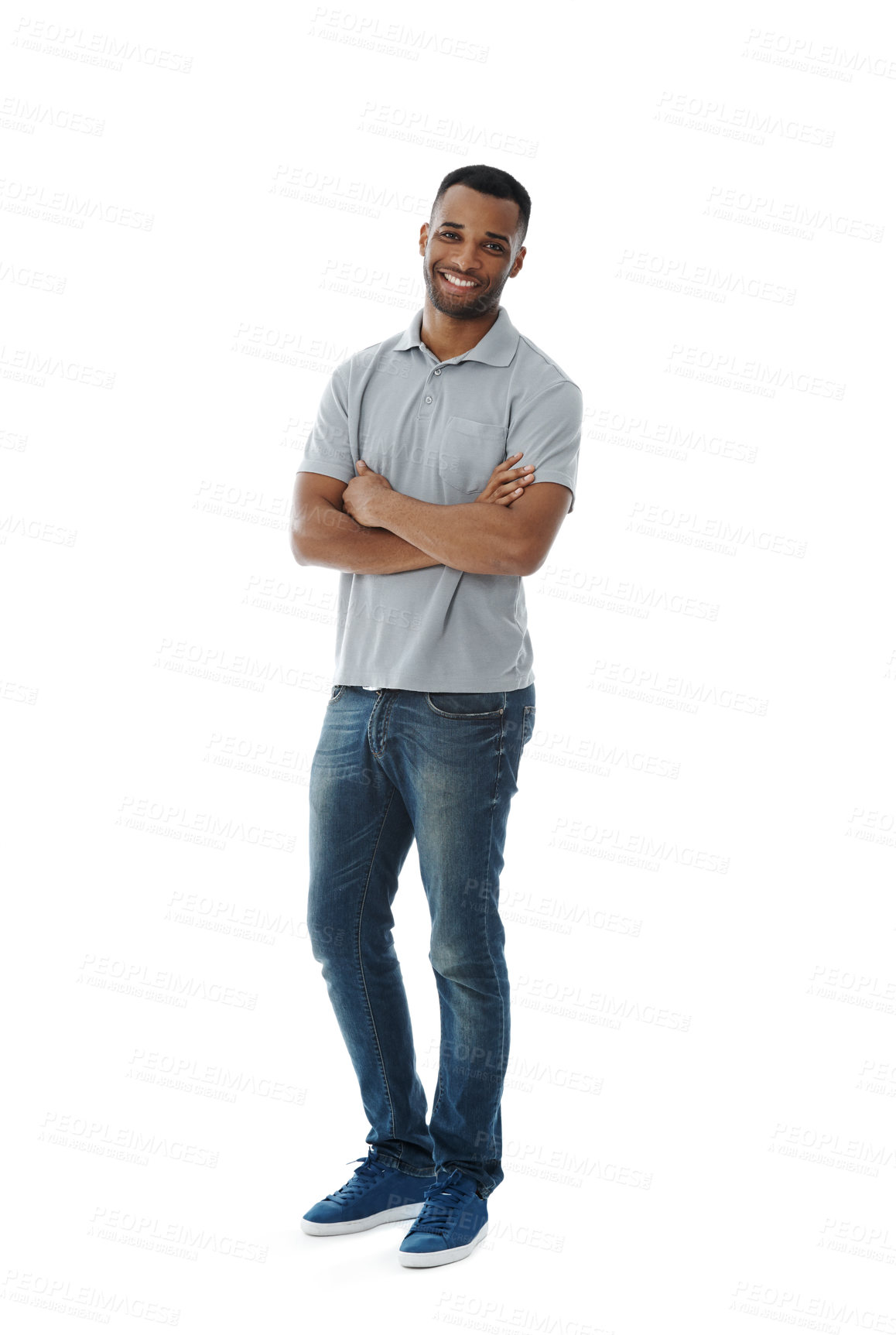 Buy stock photo Portrait, creative and happy black man with confidence isolated on white studio background space. Casual, fashion and worker with arms crossed for career pride, business or job of writer in Nigeria